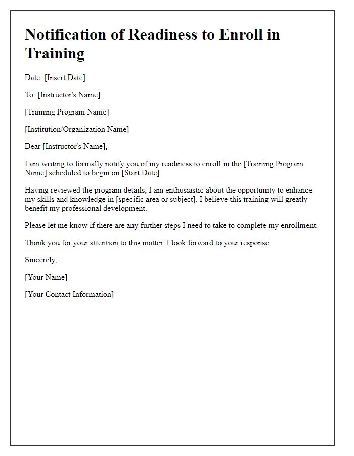 Letter template of notification of readiness to enroll in training