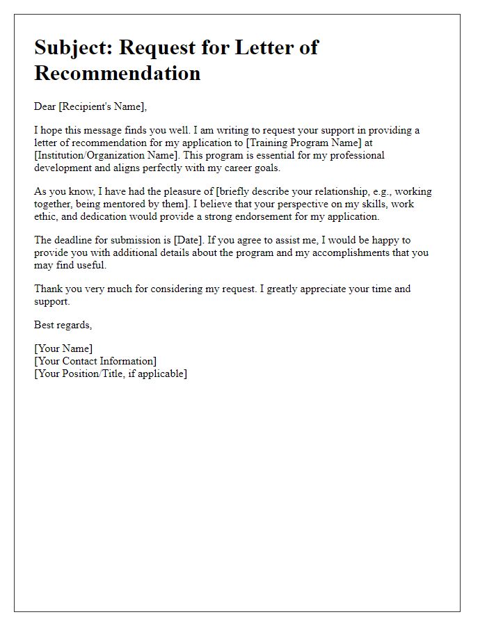 Letter template of recommendation request for training program enrollment