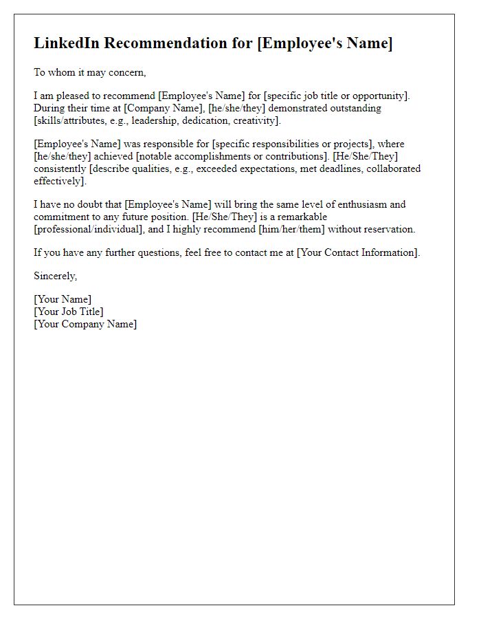 Letter template of LinkedIn Recommendation for Employment