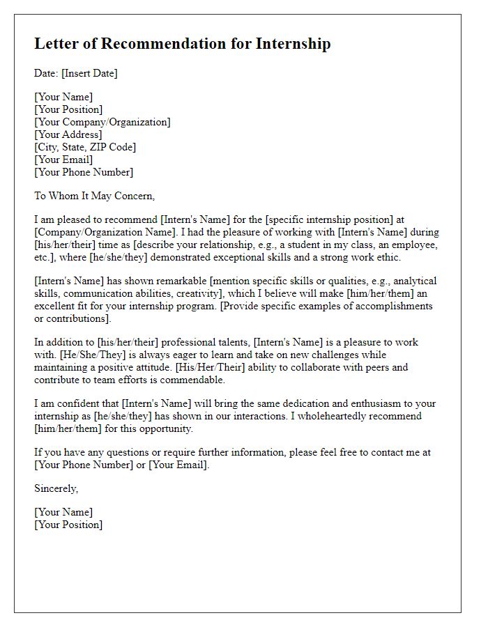 Letter template of Recommendation for Internships