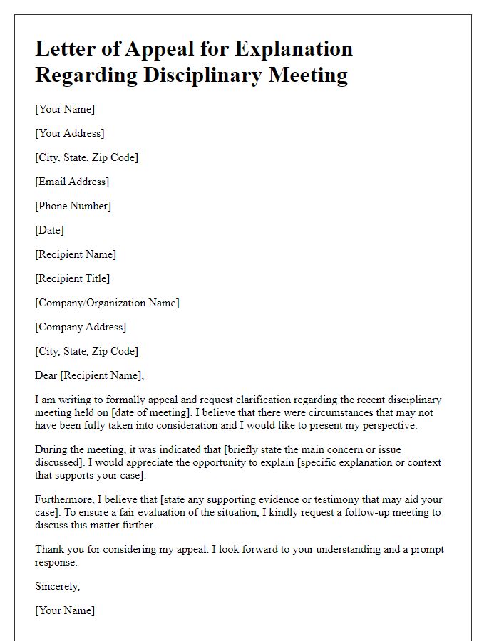 Letter template of appeal for explanation regarding disciplinary meeting