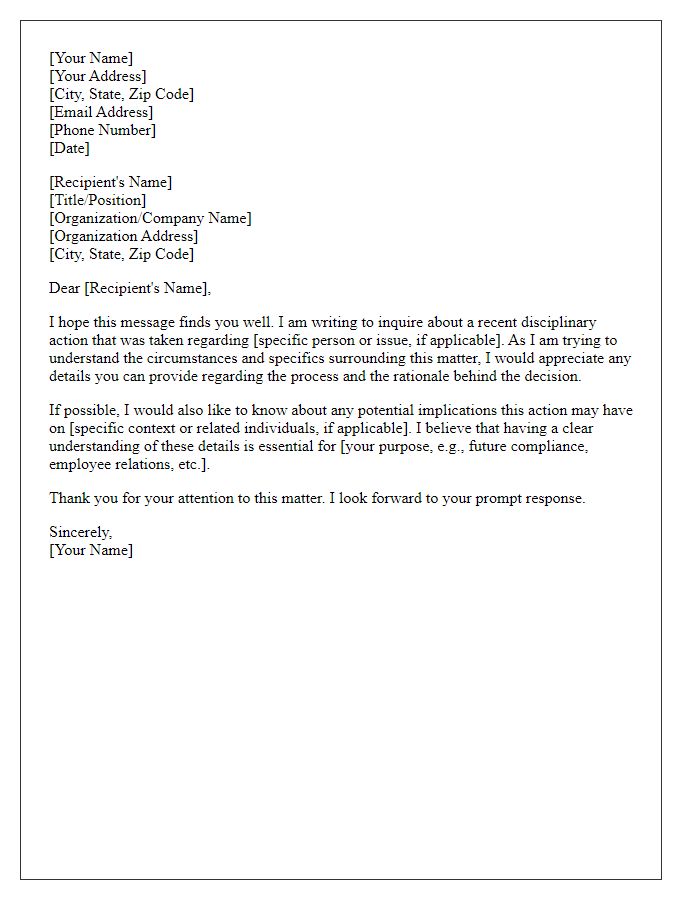 Letter template of inquiry regarding disciplinary action specifics