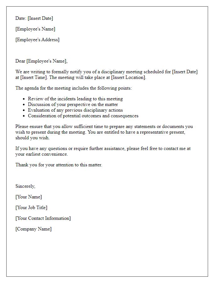 Letter template of notification request for disciplinary meeting agenda