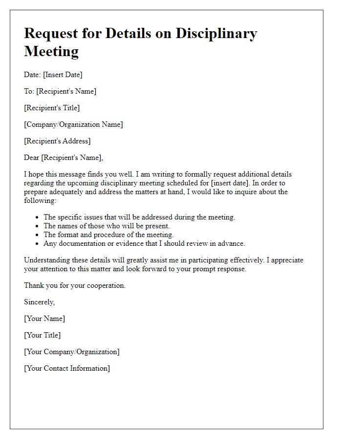 Letter template of solicitation for details on disciplinary meeting