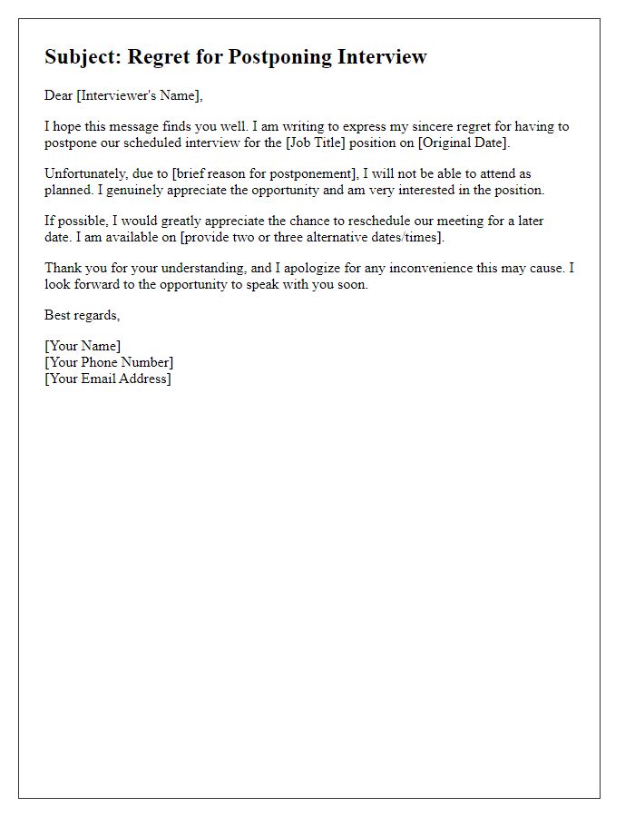 Letter template of regret for postponing job interview