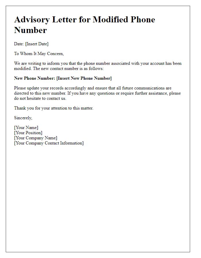 Letter template of advisory for modified phone number