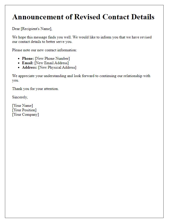 Letter template of announcement for revised contact details
