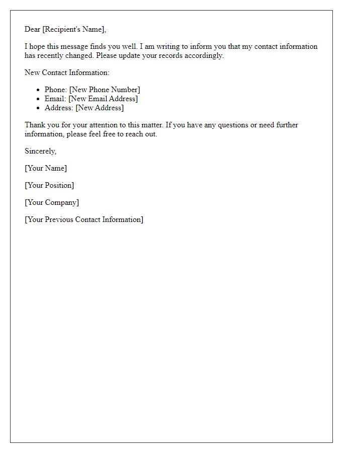 Letter template of communication for altered contact information