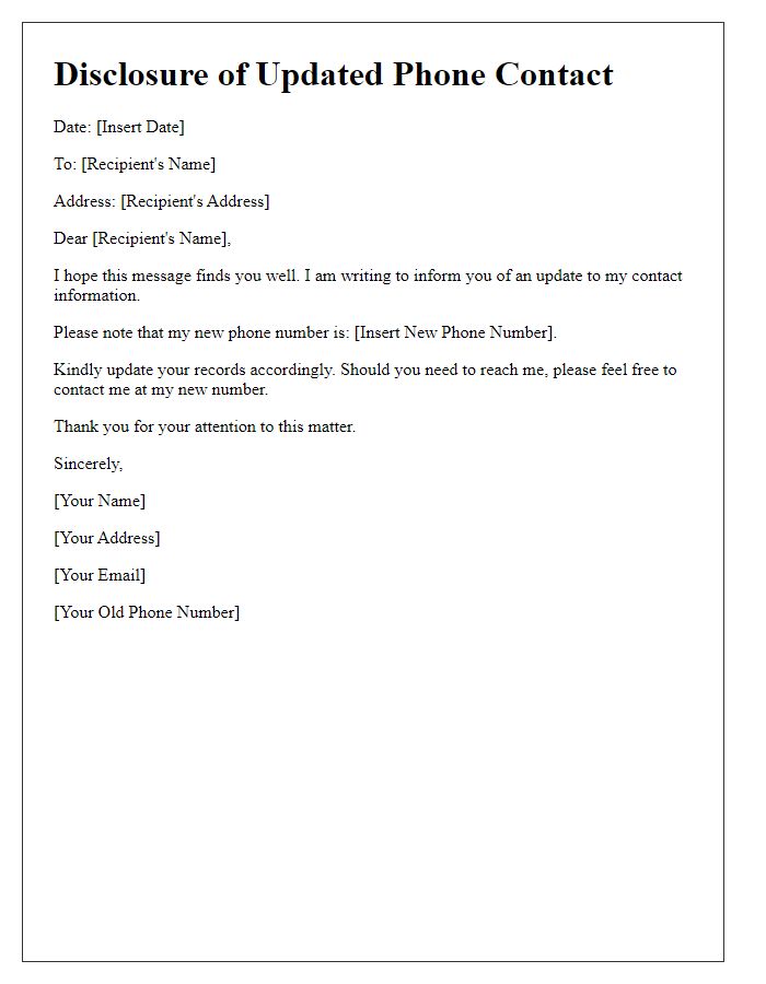 Letter template of disclosure for updated phone contact