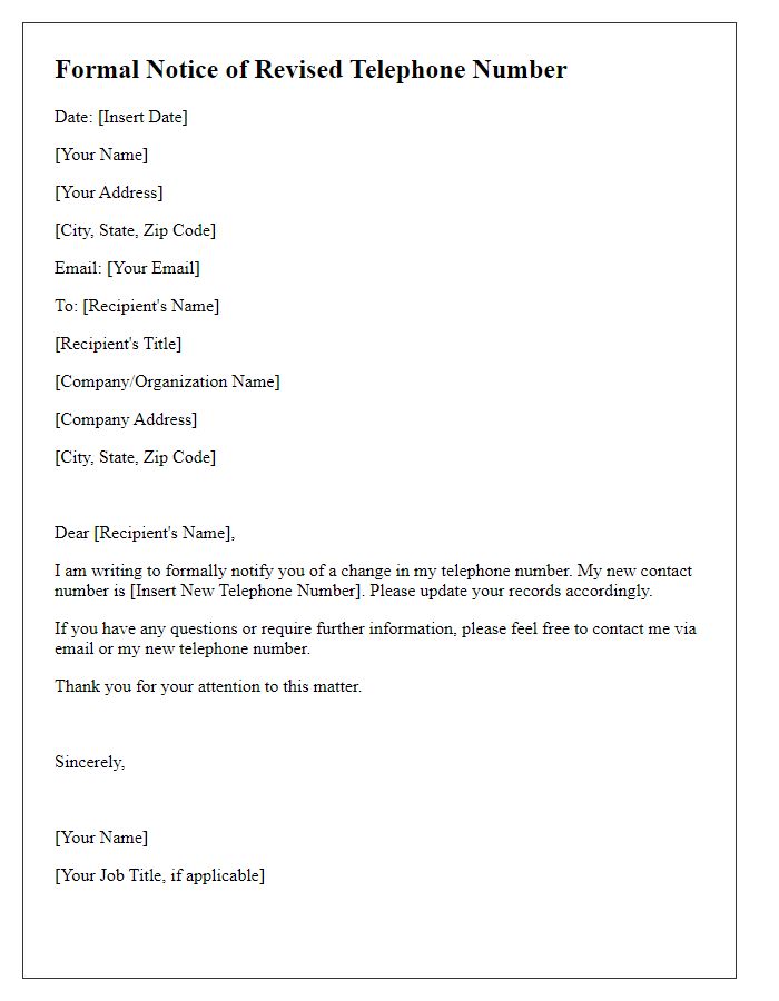 Letter template of formal notice for revised telephone number