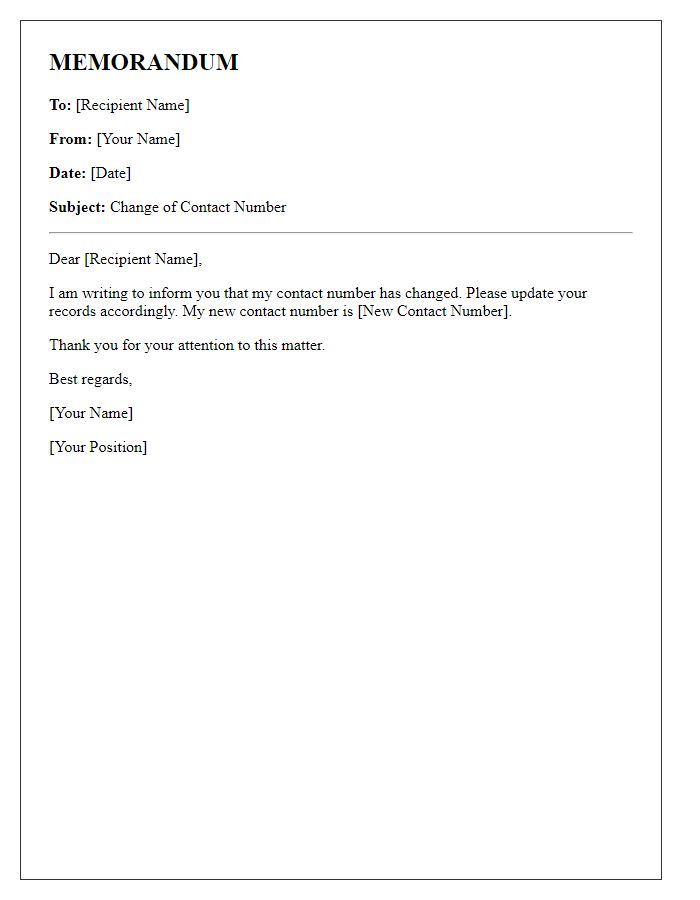 Letter template of memo for contact number change