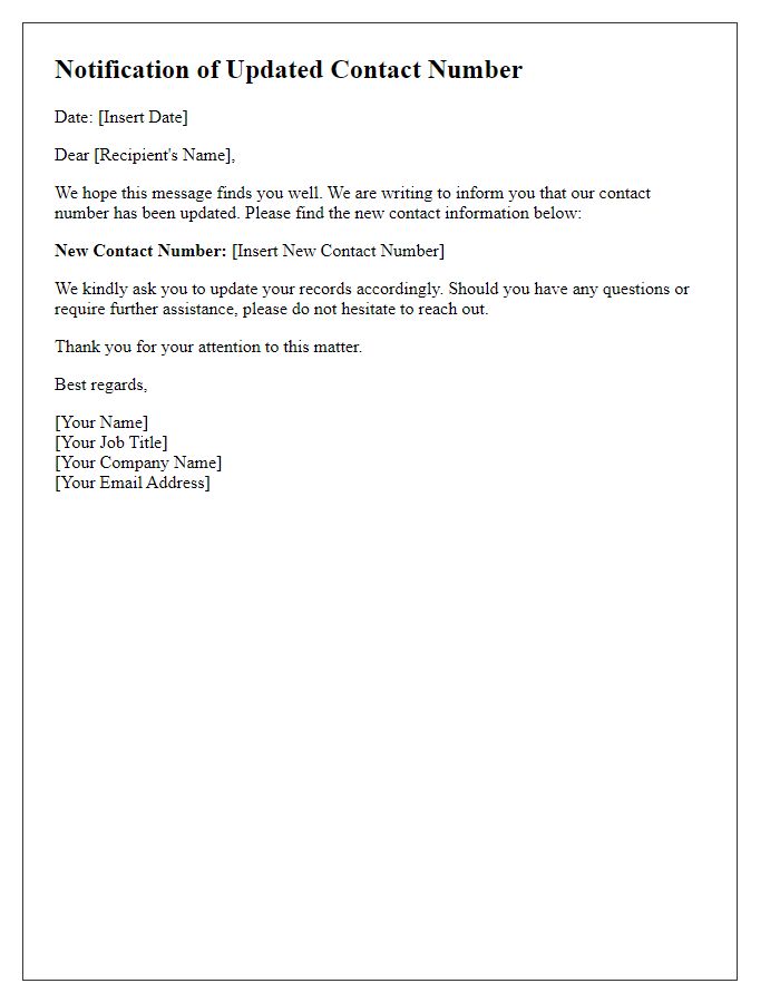 Letter template of notification for updated contact number