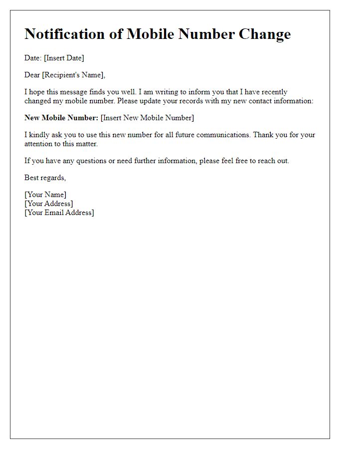 Letter template of update regarding change in mobile number