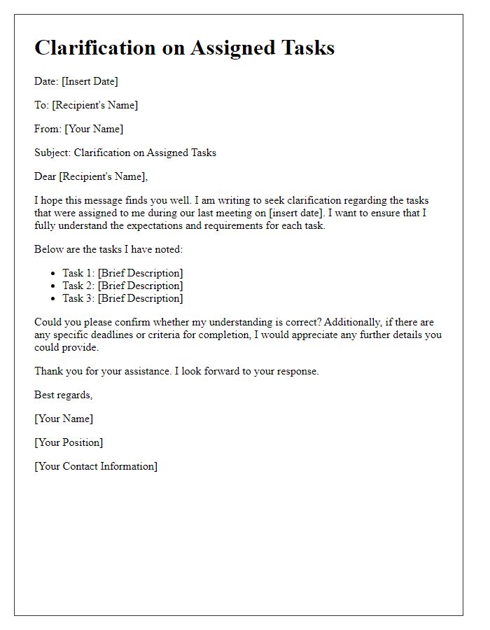 Letter template of clarification on assigned tasks
