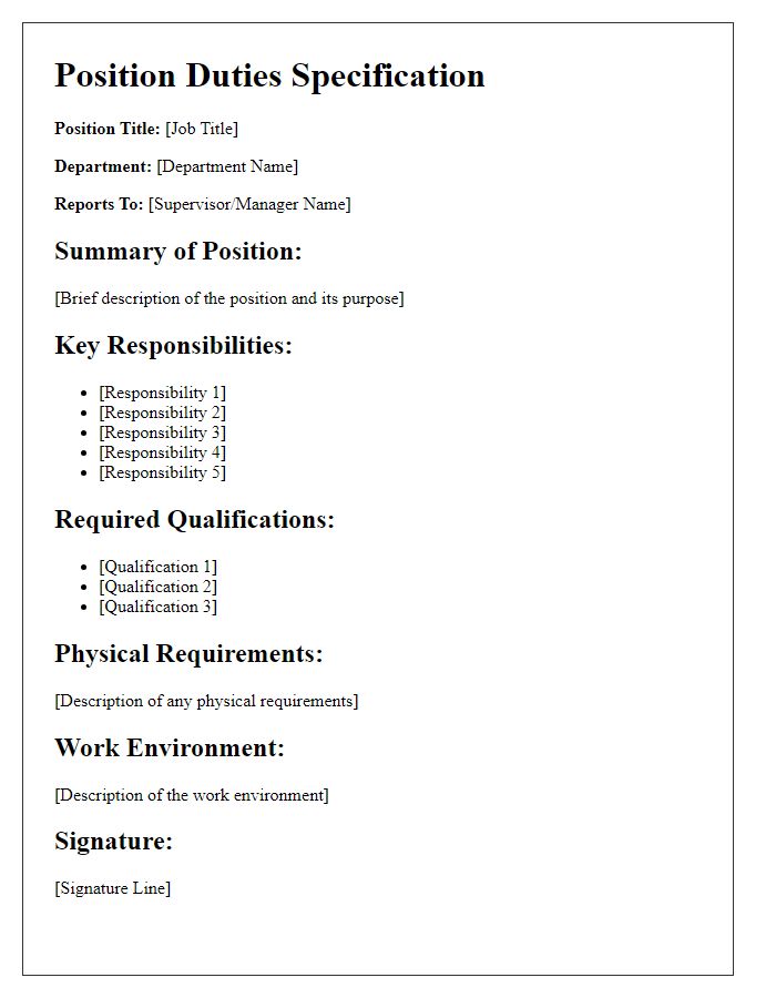 Letter template of position duties specification