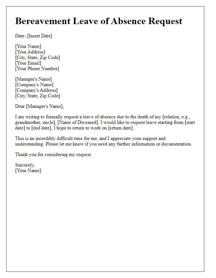 Letter template of bereavement leave of absence request