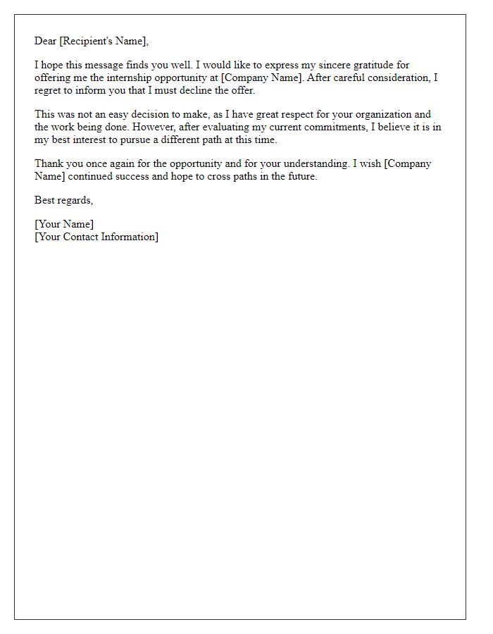 Letter template of courteous message for rejecting internship opportunity.