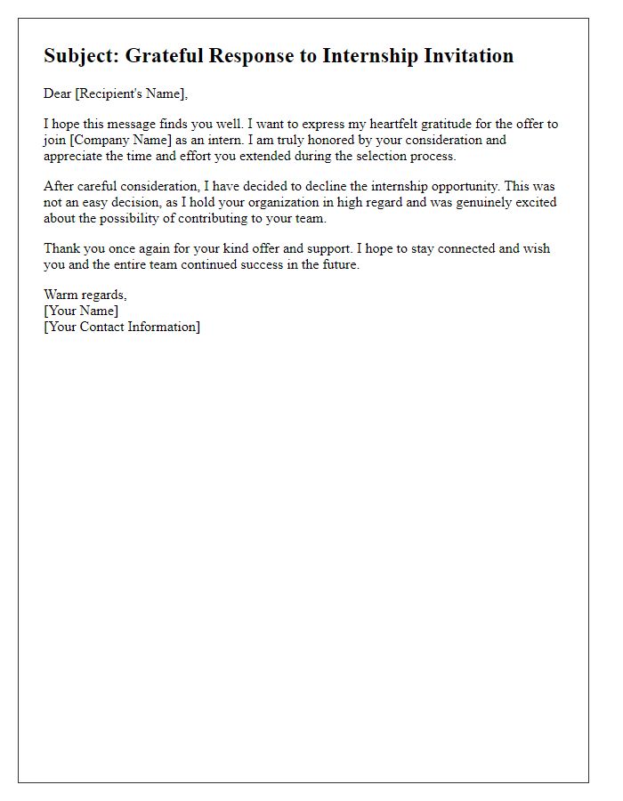 Letter template of gracious reply for declining internship invitation.