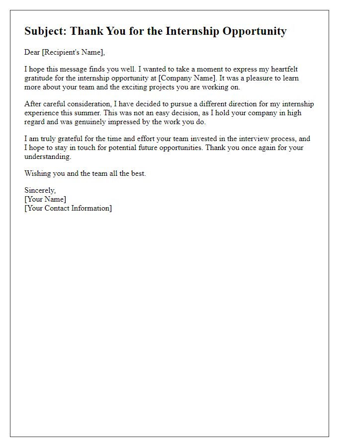 Letter template of thoughtful note for rejecting internship opportunity gracefully.