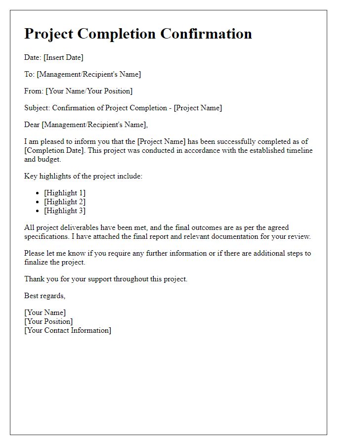 Letter template of completed project confirmation to management