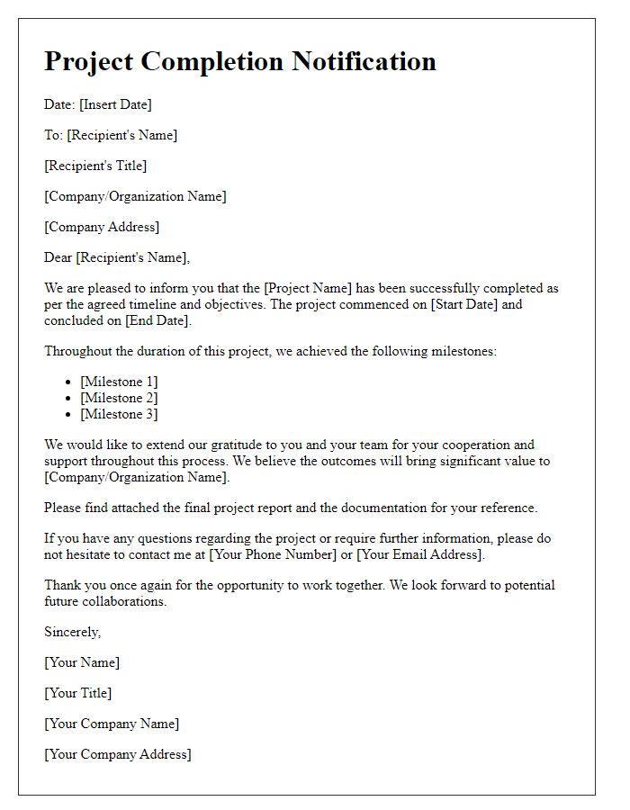 Letter template of formal project completion communication
