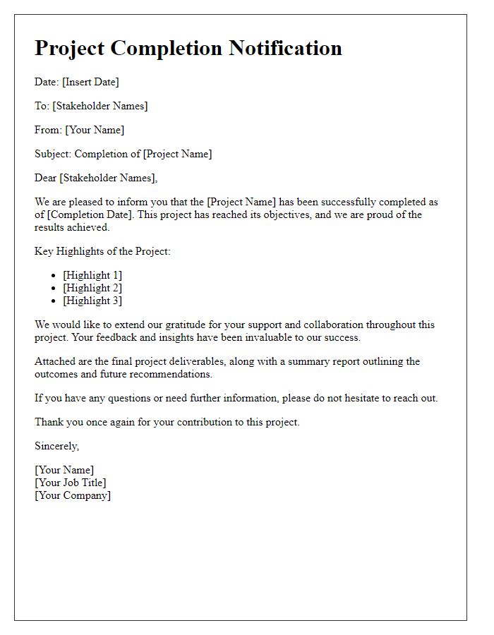 Letter template of project completion notification to stakeholders