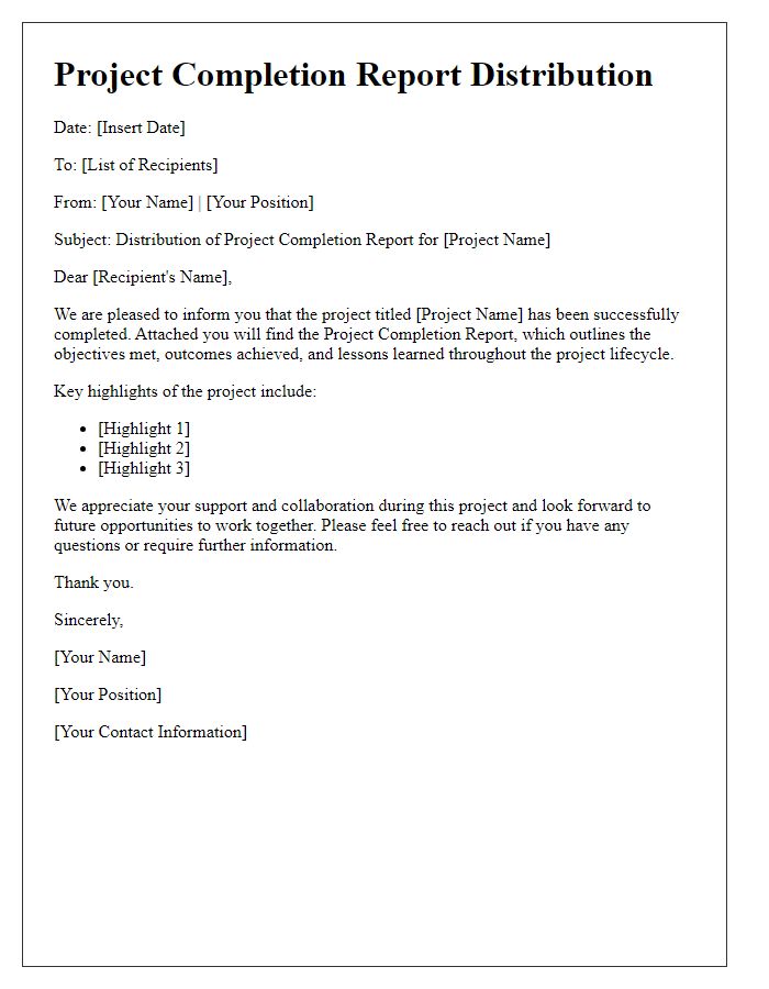 Letter template of project completion report distribution