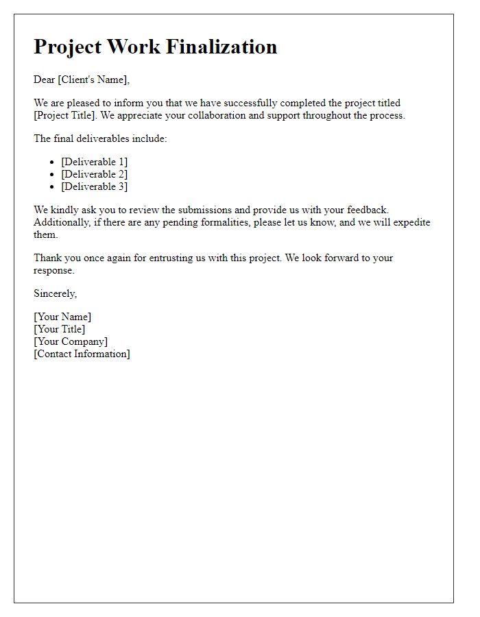 Letter template of project work finalization to clients