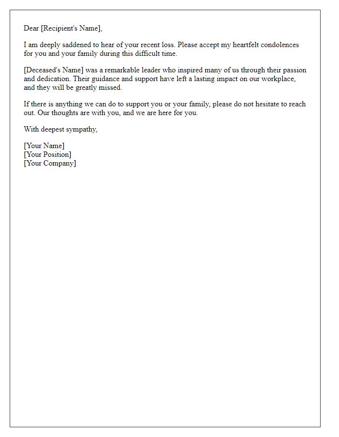 Letter template of sincere condolences for workplace leader
