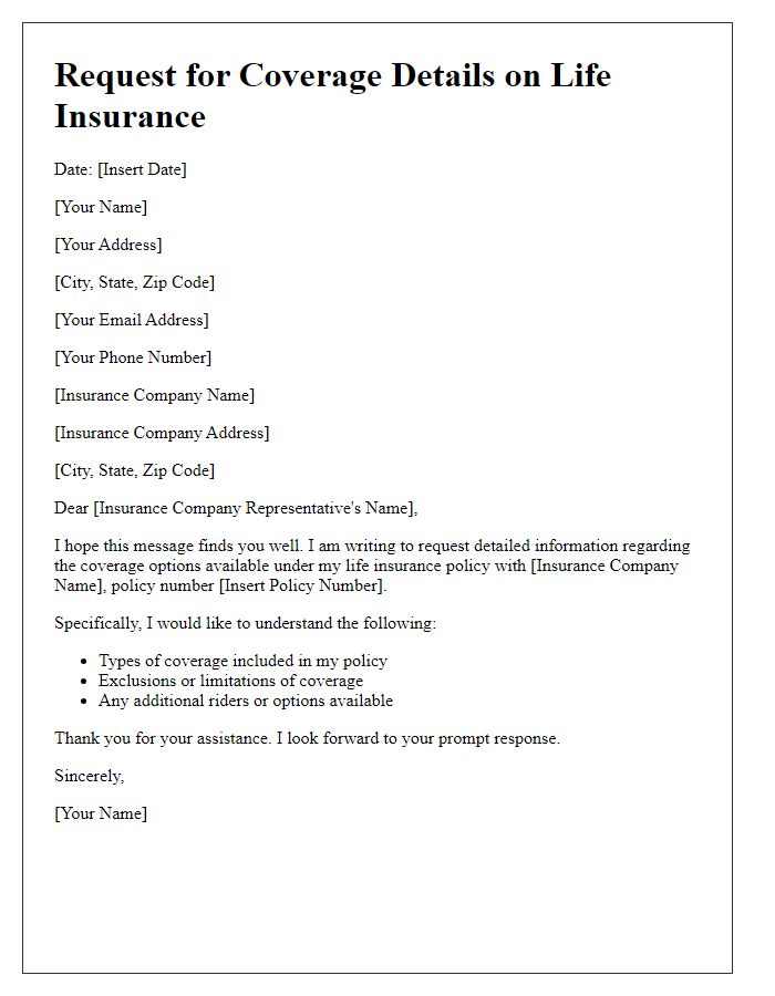 Letter template of request for coverage details on life insurance