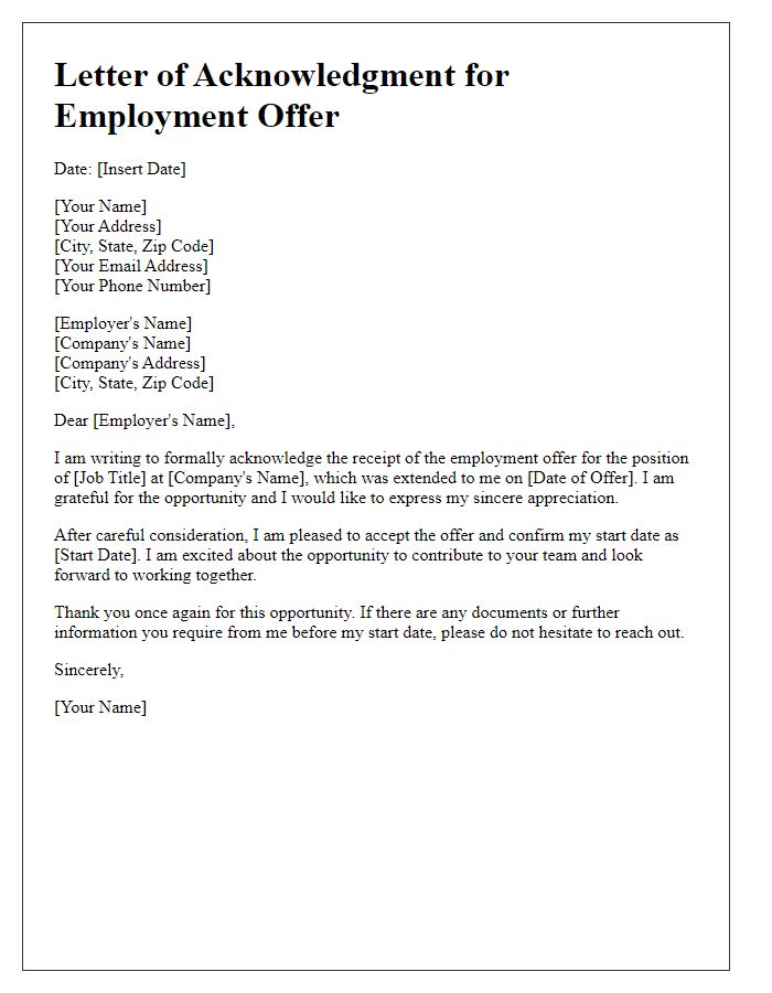 Letter template of acknowledgement for the employment offer.