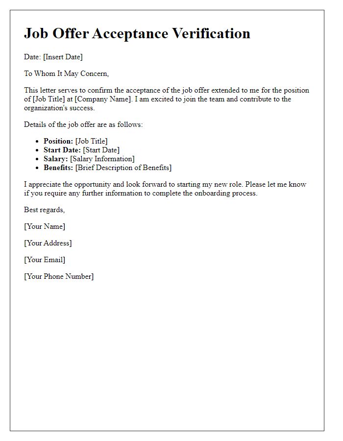 Letter template of verification for job offer acceptance.