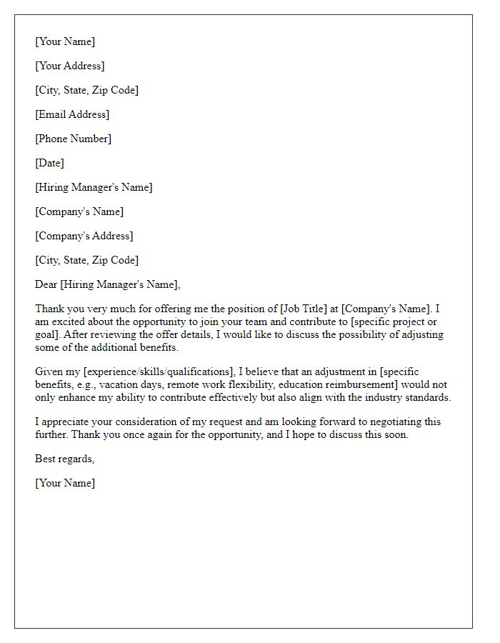 Letter template of job offer negotiation for additional benefits.