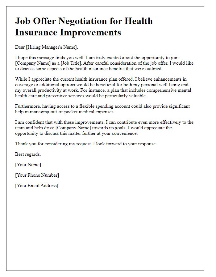 Letter template of job offer negotiation for health insurance improvements.