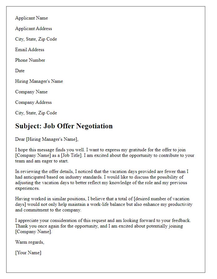 Letter template of job offer negotiation for vacation days adjustment.