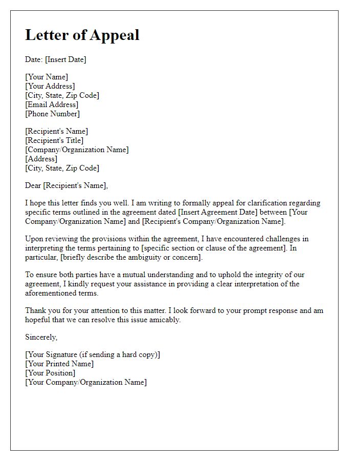 Letter template of appeal for interpretation of agreement terms.