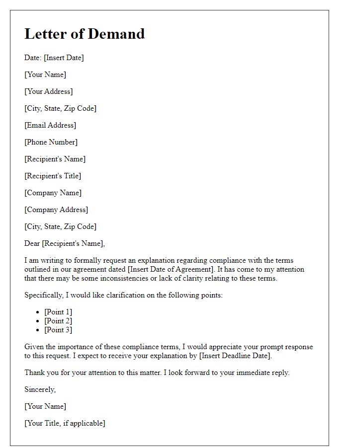 Letter template of demand for explanation on compliance terms.