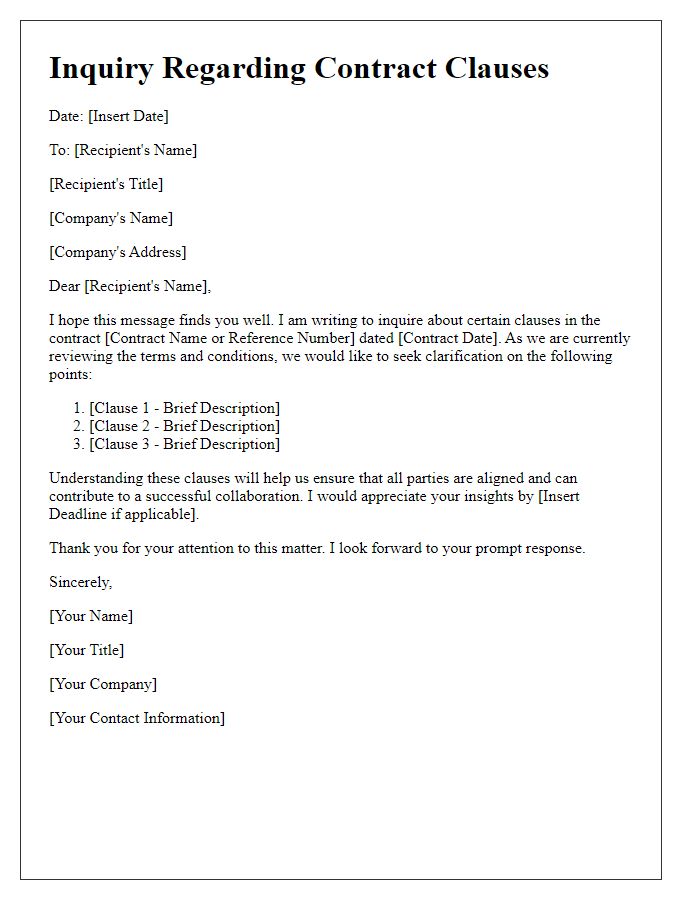 Letter template of inquiry regarding contract clauses.