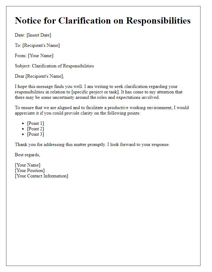 Letter template of notice for clarification on responsibilities.