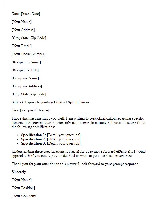 Letter template of questioning contract specifications.