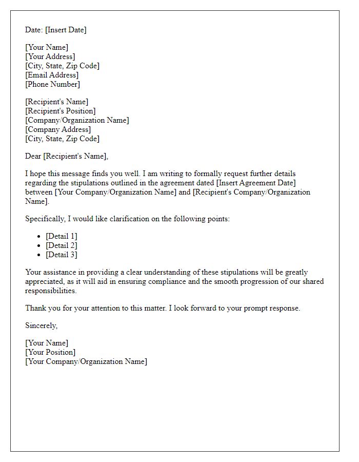 Letter template of request for details on agreement stipulations.