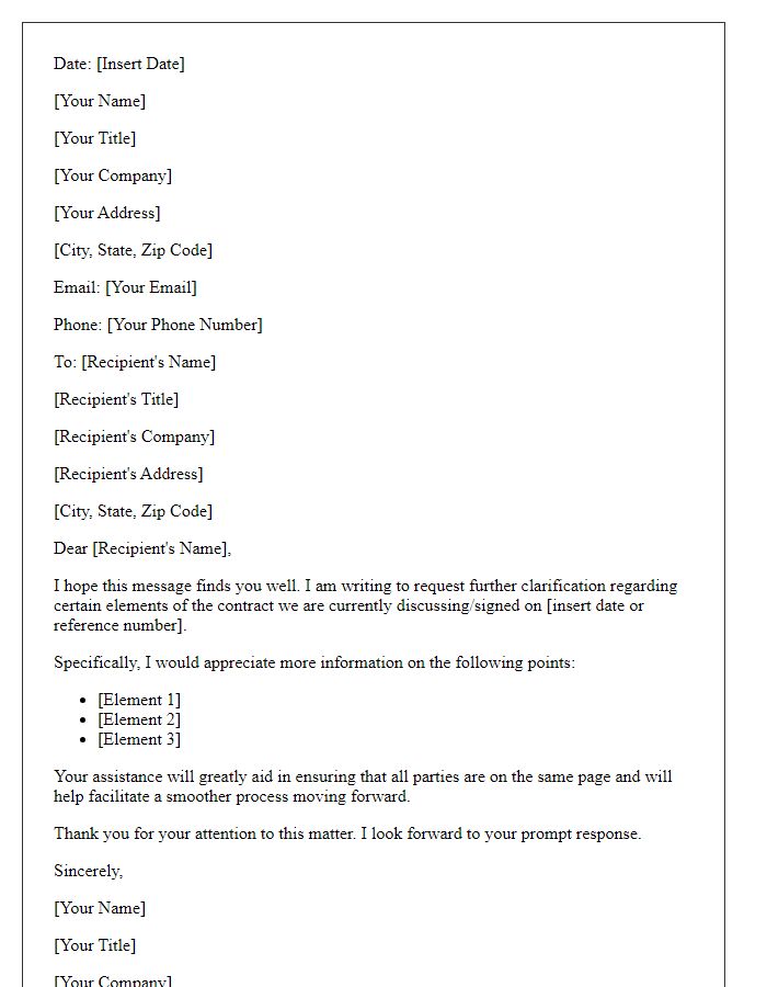 Letter template of request for further information on contract elements.