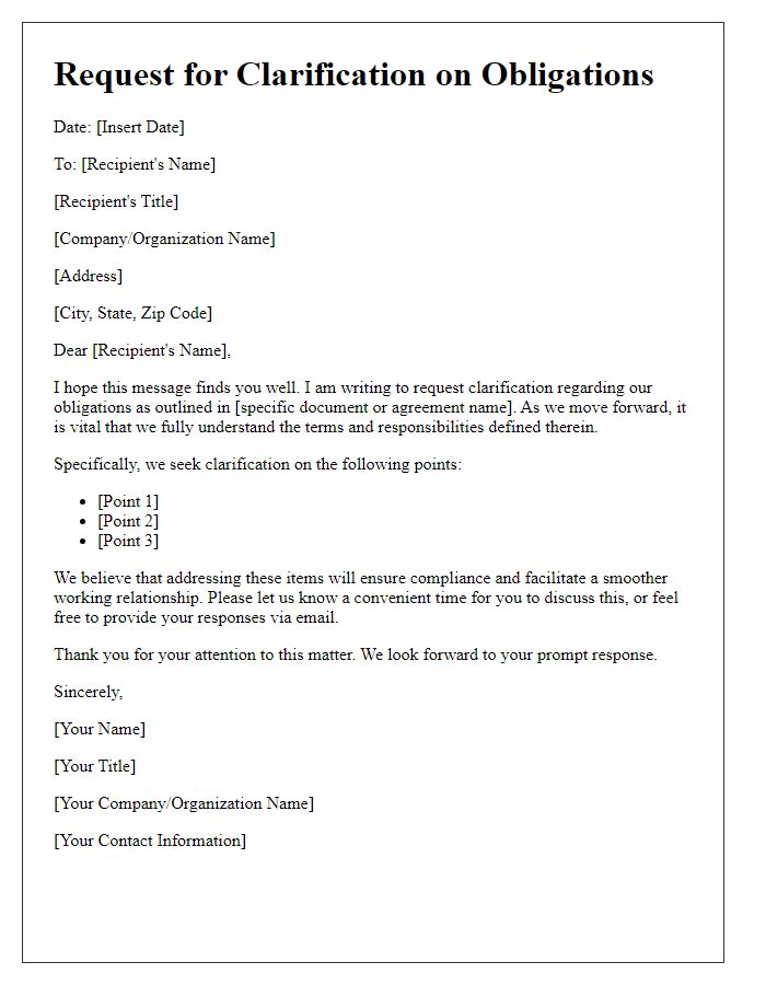 Letter template of solicitation for clarification on obligations.