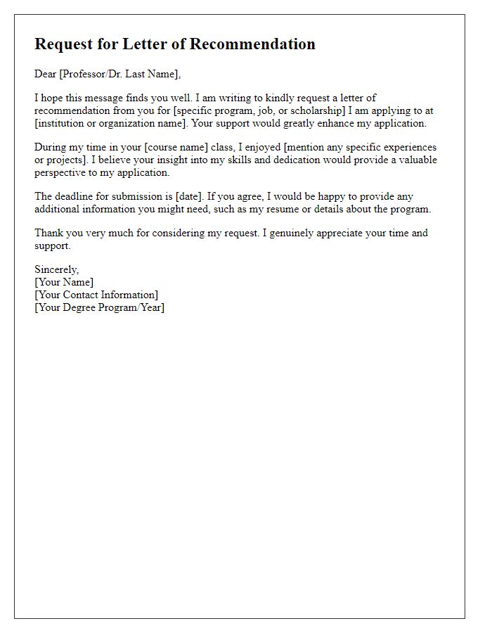 Letter template of academic request for a letter of recommendation