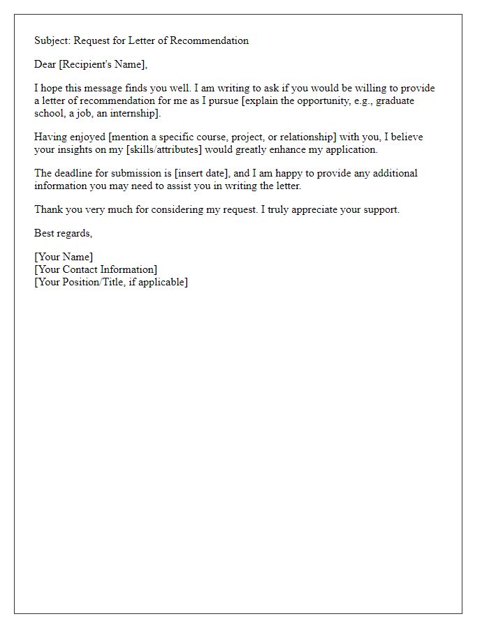 Letter template of email request for a letter of recommendation