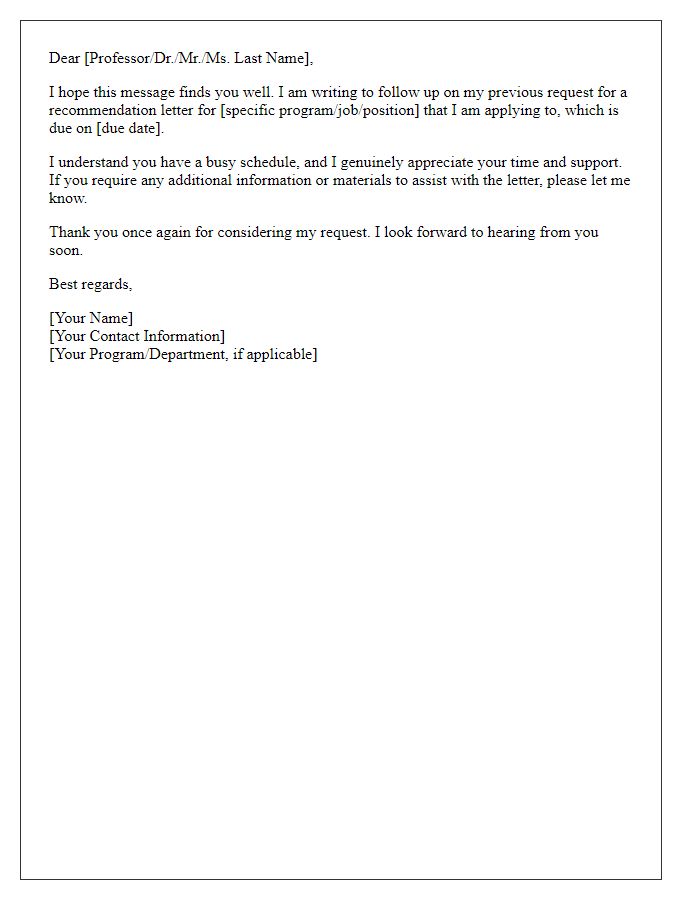 Letter template of follow-up request for a recommendation letter