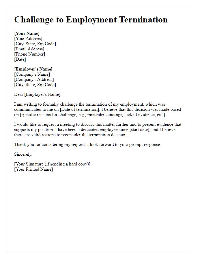 Letter template of challenge to employment termination