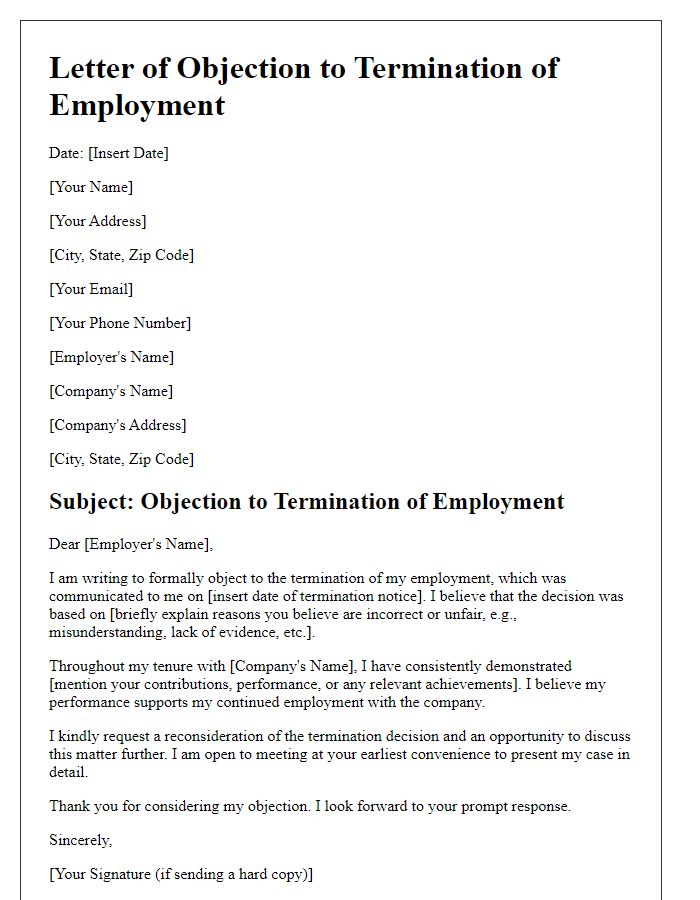 Letter template of objection to termination of employment