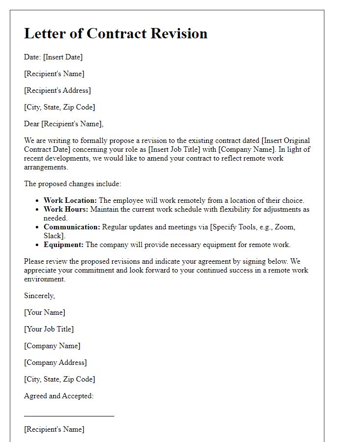 Letter template of contract revision for remote work.