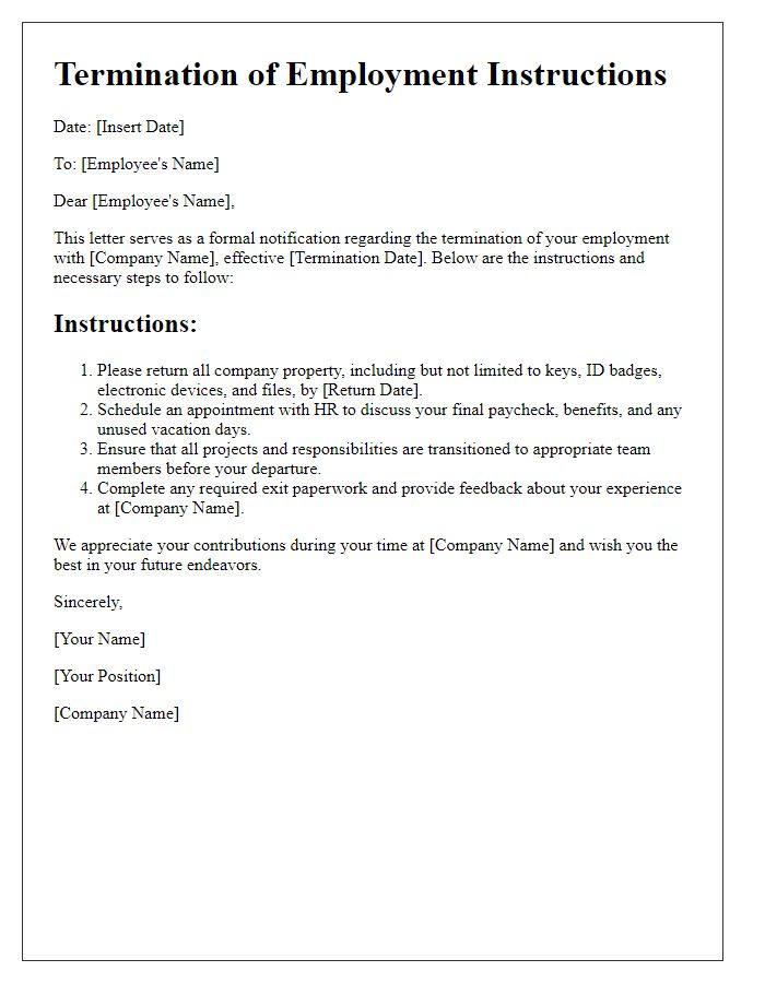 Letter template of instructions on terminating employment